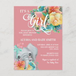 Postal Bebé Elefante Niña Baby Shower Rosa Amarillo Verde