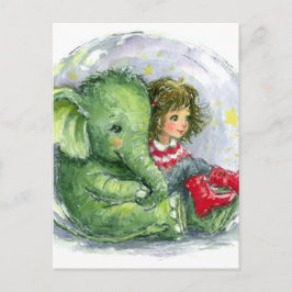 Postal Bebé Elefante Verde Surrealista y Niña con Botas R