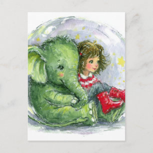 Postal Bebé Elefante Verde Surrealista y Niña con Botas R
