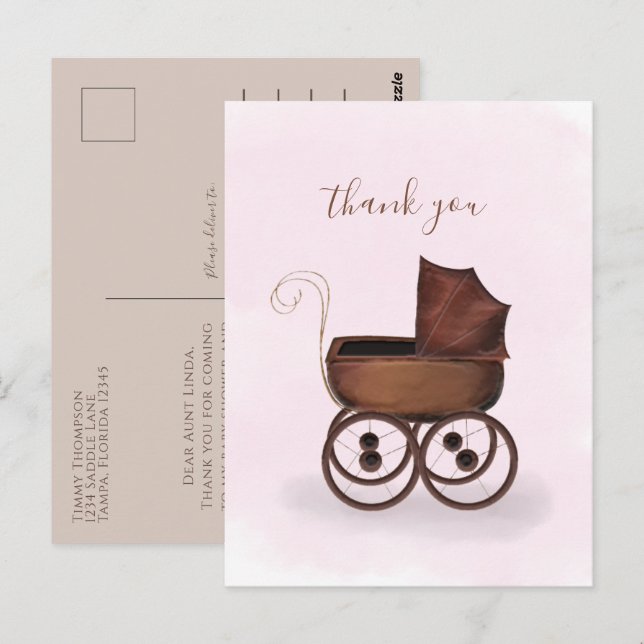 Postal Bebé elegante minimalista Gracias Carrito Rosa (Anverso / Reverso)