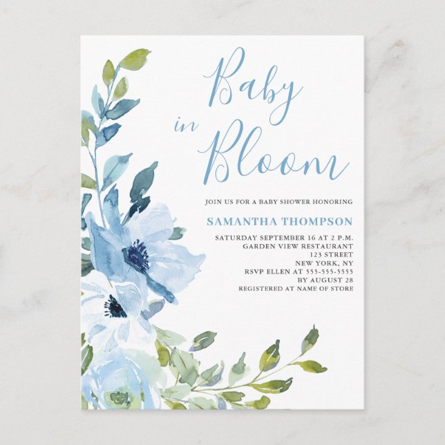 Postal Bebé En Bloom Blue Floral Baby Shower (Anverso)