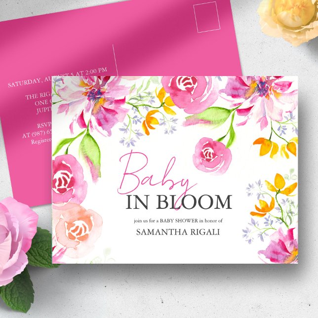 Postal Bebé En La Ducha De Agua Floral De Bloom (Baby in bloom invitations postcard watercolor pink, peach and orange florals by Victoria Grigaliunas)