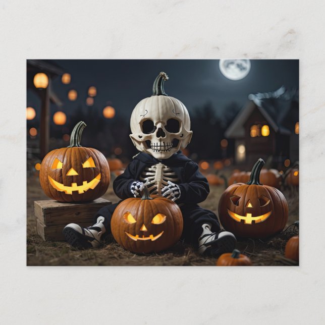 Postal Bebé Esqueleto En Parche De Calabazas (Anverso)