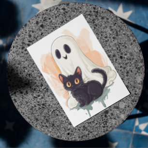 Postal Bebé Fantasma Adorable Gatito Negro Halloween