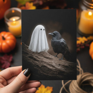 Postal Bebé Fantasma y Cuervo de Halloween Lindo