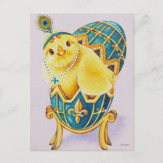 Postal Bebé Flapper Chick Blue Egg Watercolor Art (Anverso)