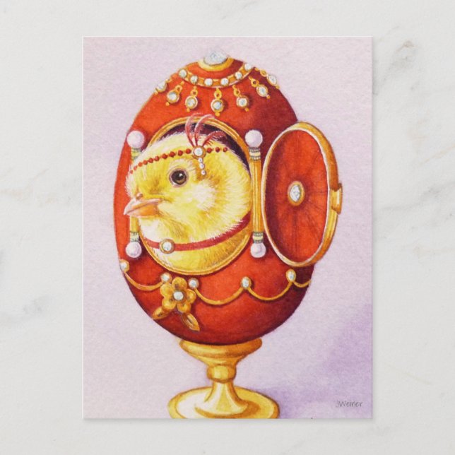 Postal Bebé Flapper Chick Red Egg Watercolor Art (Anverso)