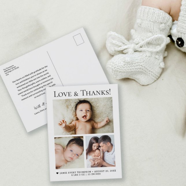 Postal Bebé Fotos Amor y Gracias Anuncio de nacimiento (Minimalist, modern Love and thanks, heart birth announcement 3 photo postcard.)