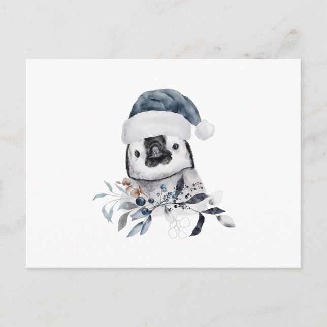 Postal Bebé Gorra de uso de Navidades con pingüino (Anverso)