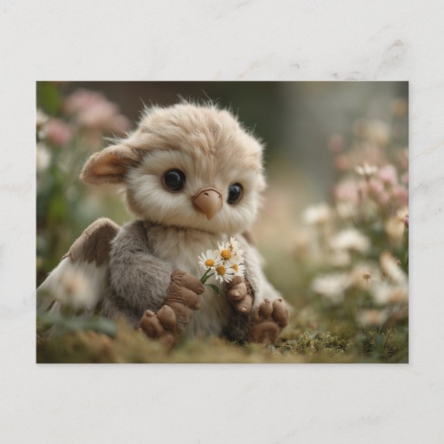 Postal Bebé grifo adorable sosteniendo flores silvestres  (Anverso)