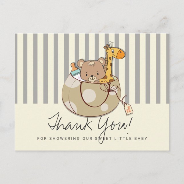 Postal Bebé gris suave Animales Baby Shower Gracias (Anverso)