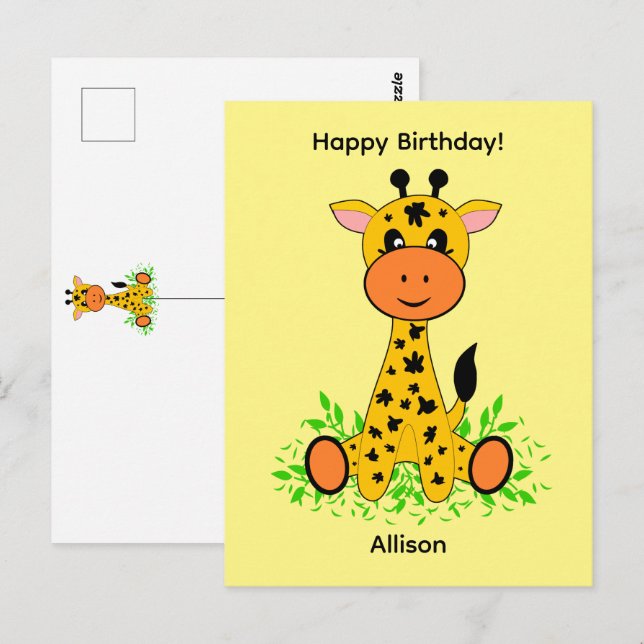 Postal Bebé jirafa divertida y linda para cumpleaños   (Anverso / Reverso)