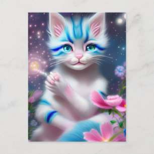 Postal Bebé Kawaii lindo gato gatito rayado rosa y azul