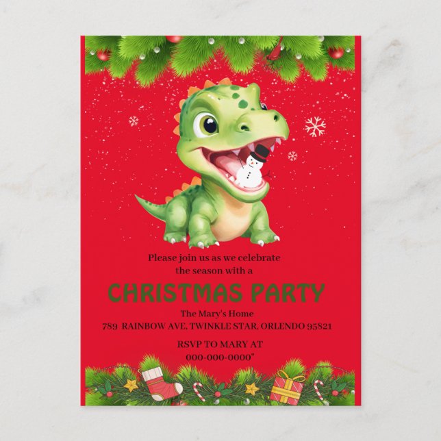 Postal Bebé lindo dinosaurio sostiene fiesta de Navidades (Anverso)