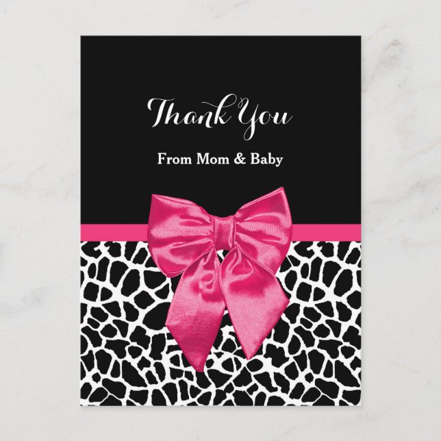 Postal Bebé lindo Gracias Girly Giraffe Imprimir Bow Rosa (Anverso)