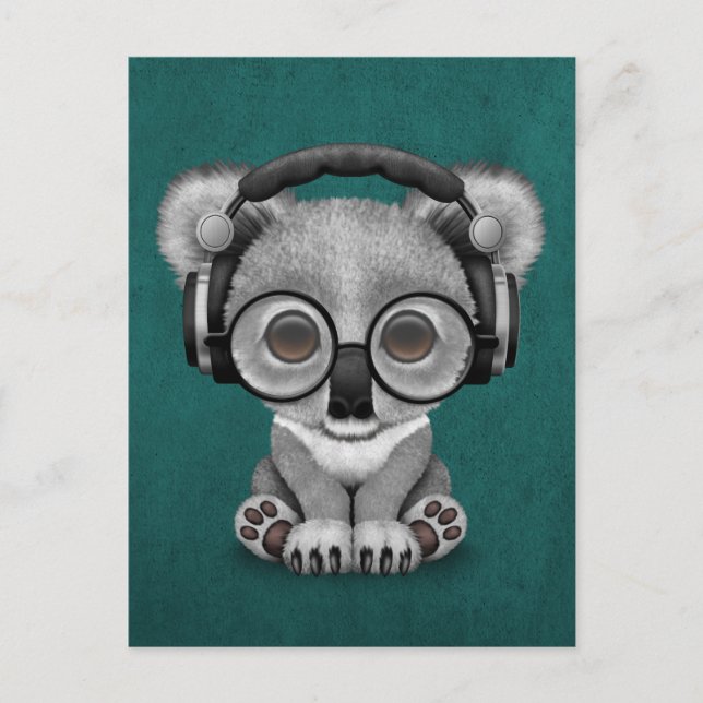 Postal Bebé lindo Koala Oso Dj con audífonos en azul (Anverso)