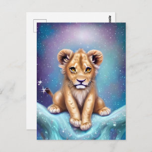 Postal Bebé lindo Lion Cub fondo nevado