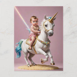 Postal Bebé montando un unicornio