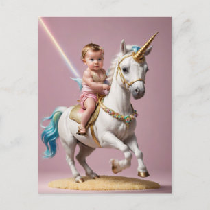 Postal Bebé montando un unicornio