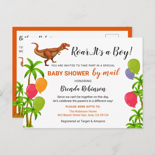Postal Bebé Niño Shower Por Correo Rugido Selva Dinosauri (Anverso / Reverso)