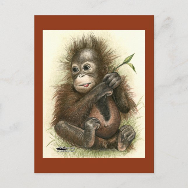 Postal Bebé orangután con hojas (Anverso)