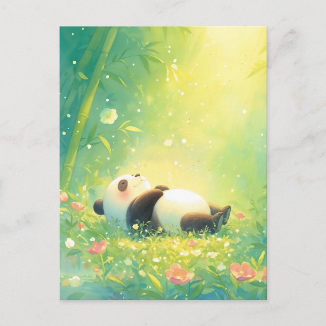 Postal Bebé Panda Durmiendo en un Bosque de Bambú Ilumina (Anverso)