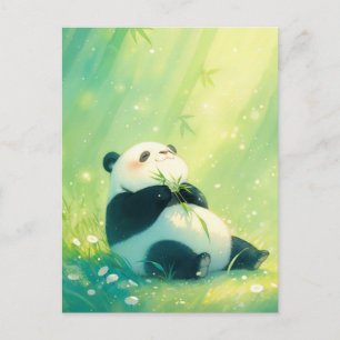 Postal Bebé Panda Feliz en el Bosque de Bambú Iluminado p