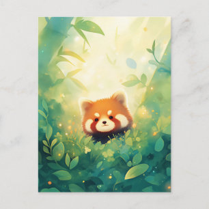 Postal Bebé Panda Rojo Adorable en un Bosque Iluminado po