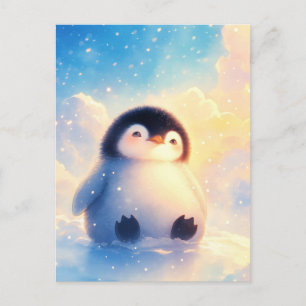 Postal Bebé Pingüino Esponjoso en Nieve Dorada