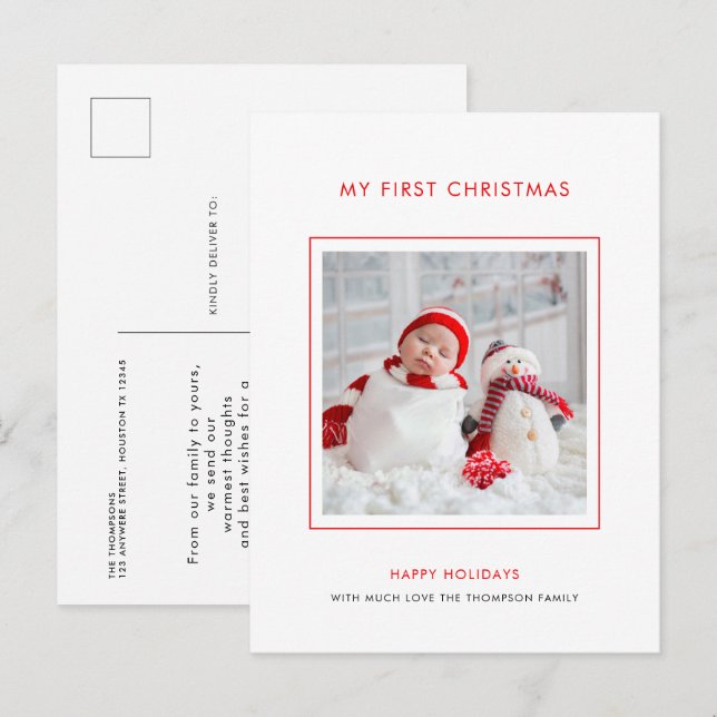Postal Bebé primera foto de Navidad festividad Minimalist (Anverso / Reverso)