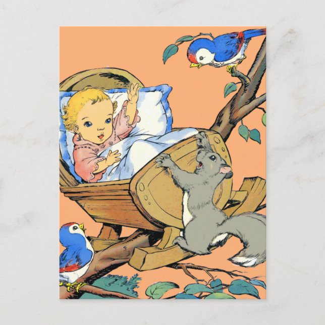 Postal Bebé Rockabye y animales (Anverso)