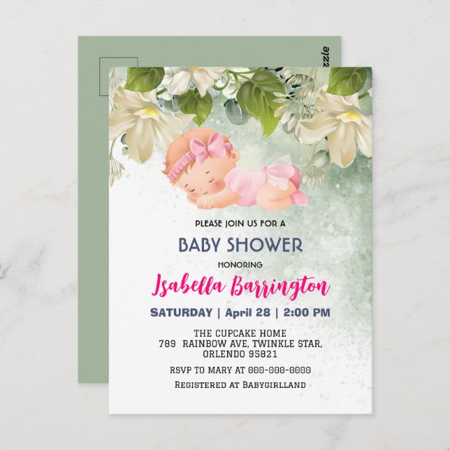 Postal Bebé Rosa Cute Niña Daisy flores bebé ducha (Anverso / Reverso)