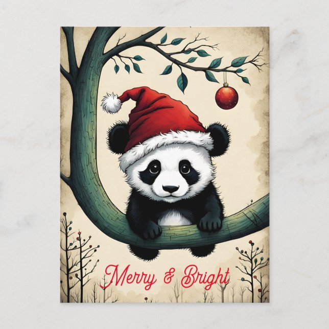 Postal Bebé Santa Panda En Navidades De Rama De Árbol (Anverso)