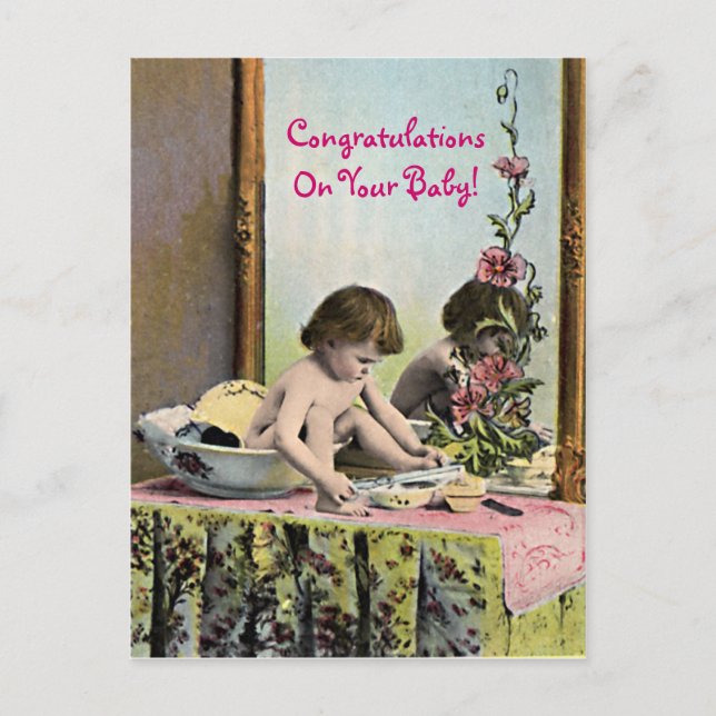 Postal Bebé Vintage En Una Mesa De Vestir (Anverso)