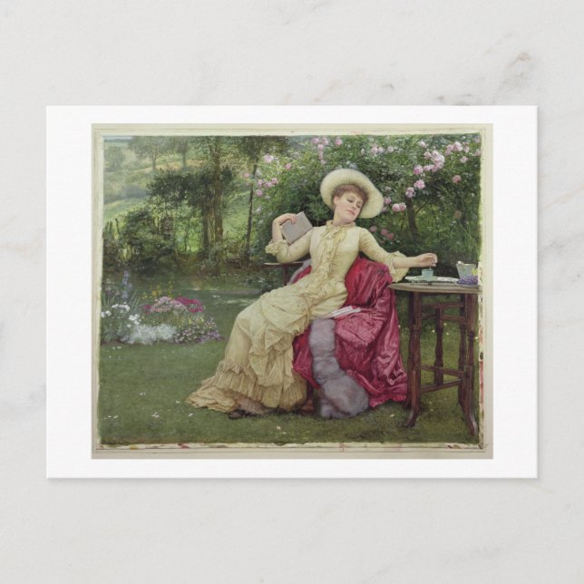 Postal Beber café y leer en el jardín (con (Anverso)