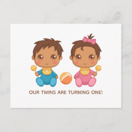 Postal Bebés gemelos primer cumpleaños niño y Chica invit