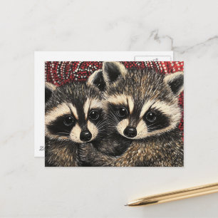 Postal Bebés Mapaches Adorables Pintura Punto Rojo