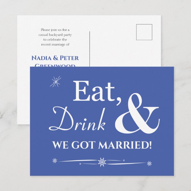Postal Bebida De Comida Azul Nos Casamos Con Elopement Re (Anverso / Reverso)