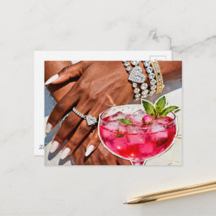 Postal Bebida de Rosa Elegante y Collage de Muchas Joyas