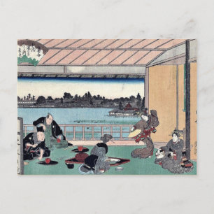 Postal Bebida fiesta en el restaurante de Andō,Hiroshige