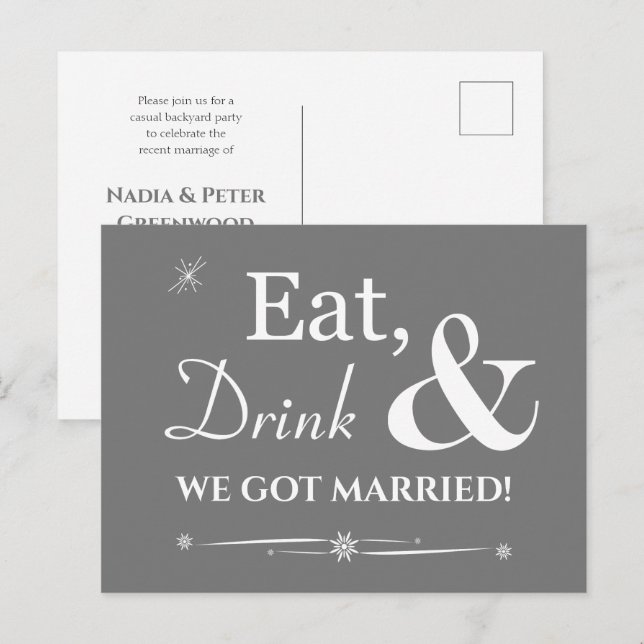Postal Bebida Gris De Comida Nos Casamos Con Elopement Re (Anverso / Reverso)