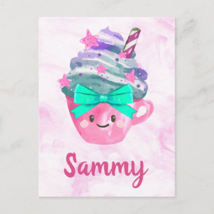 Postal Bebida Kawaii Monada Rosa Bebé Guardería