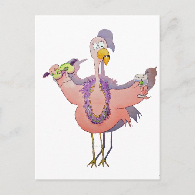 Postal Bebida rosa Flamingo Mardi Gras Paitaje acuático (Anverso)