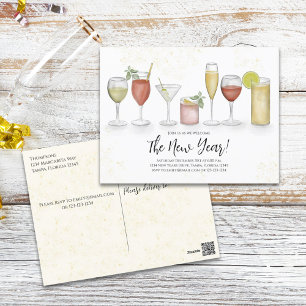 Postal Bebidas de Cóctel para Fiesta de Año Nuevo Acuarel