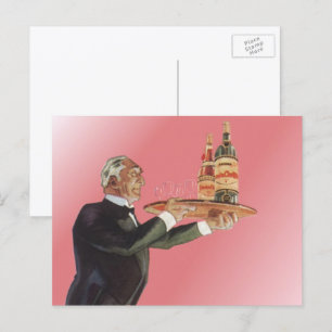 Postal Bebidas de época, mayordomo que sirve vino en band
