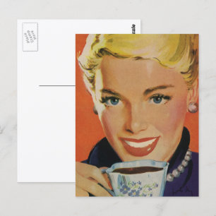 Postal Bebidas de época, mujer feliz con copa de café