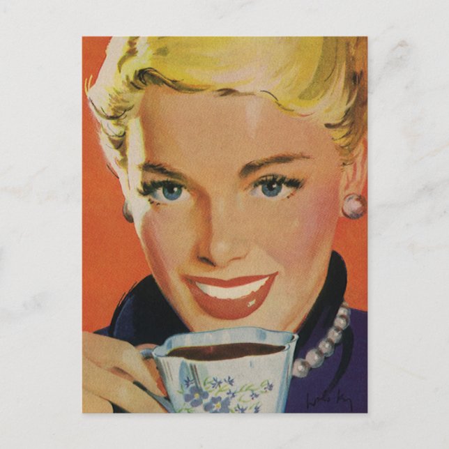 Postal Bebidas de época, mujer feliz con copa de café (Anverso)