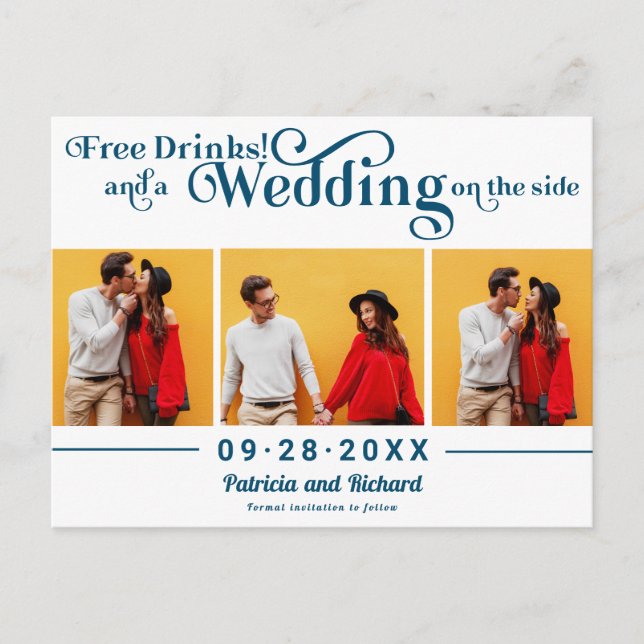 Postal Bebidas Gratis Boda Informal Save The Date 3 Foto (Anverso)