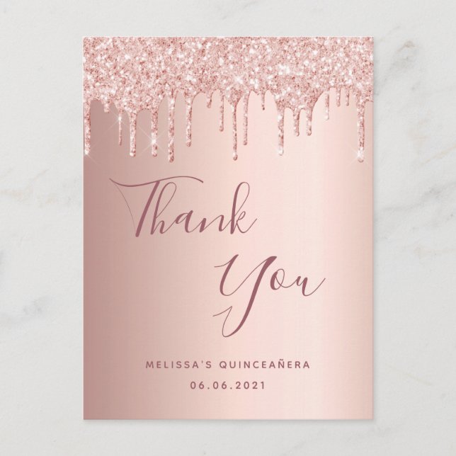 Postal Bebidas rosadas de oro rosa Quinceanera gracias (Anverso)