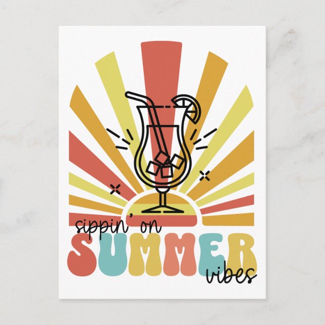 Postal Bebiendo Vibraciones de Verano, Sol Retro, Vaso de (Anverso)